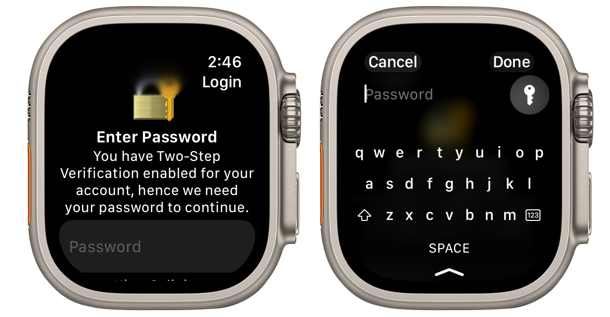 Screenshots showing Two Factor Verification interface on Apple Watch