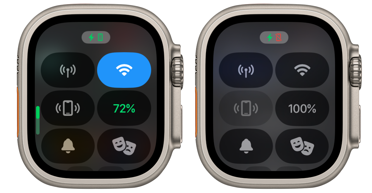 Screenshots depicting the Control Center, left showing with connection to iPhone, right showing not connected to iPhone